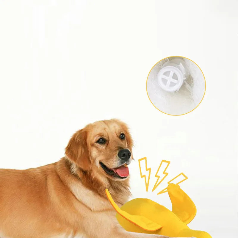 Yellow plush dog toy with attached rubber duck and a treat slot on a white background.
