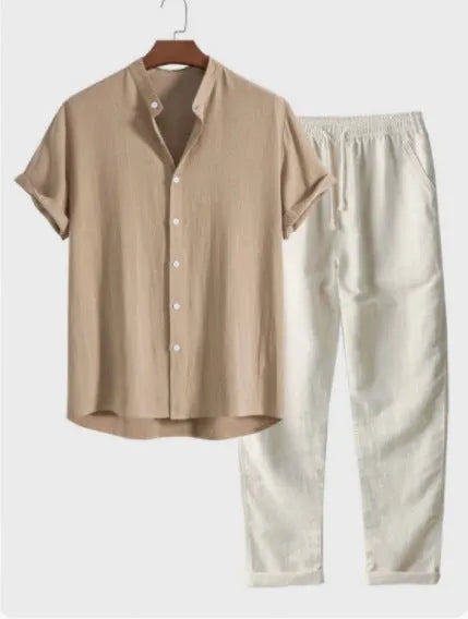 Men's loose fit casual short sleeve shirt and trousers suit in a linen blend fabric.