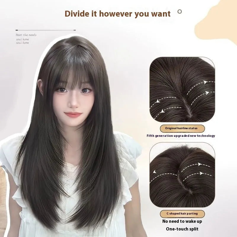 Long straight layered full-head wig in black with hair net construction and high-temperature fibre material