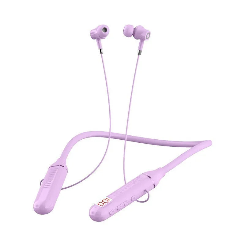 Black wireless sports Bluetooth headset with neckband design, showing power display screen.