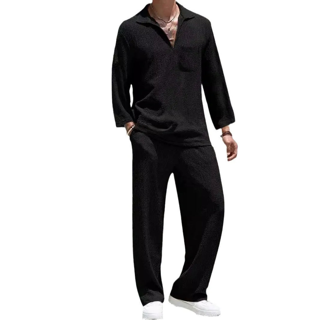 Men's casual shirt trousers suit in polyester fabric available in four colours