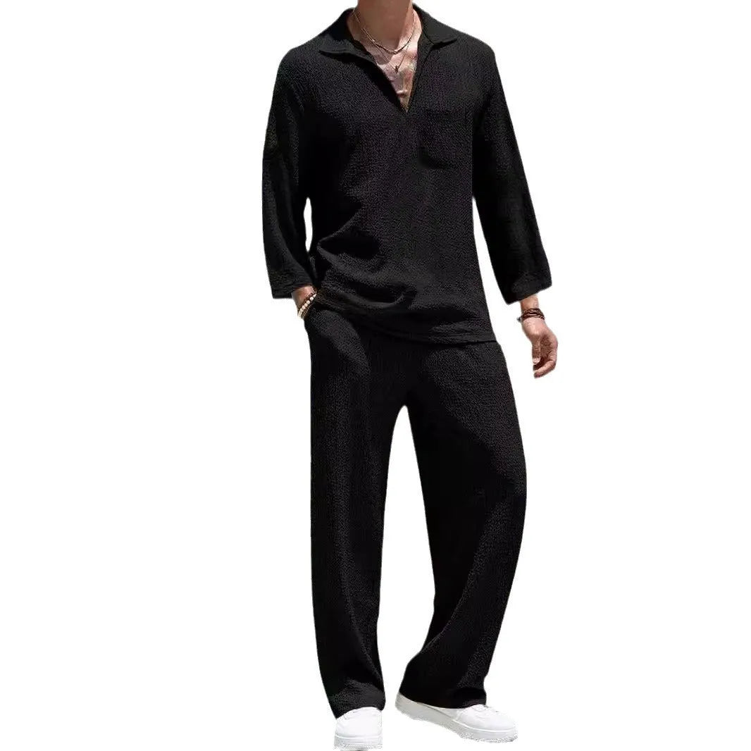 Men's casual shirt trousers suit in polyester fabric available in four colours