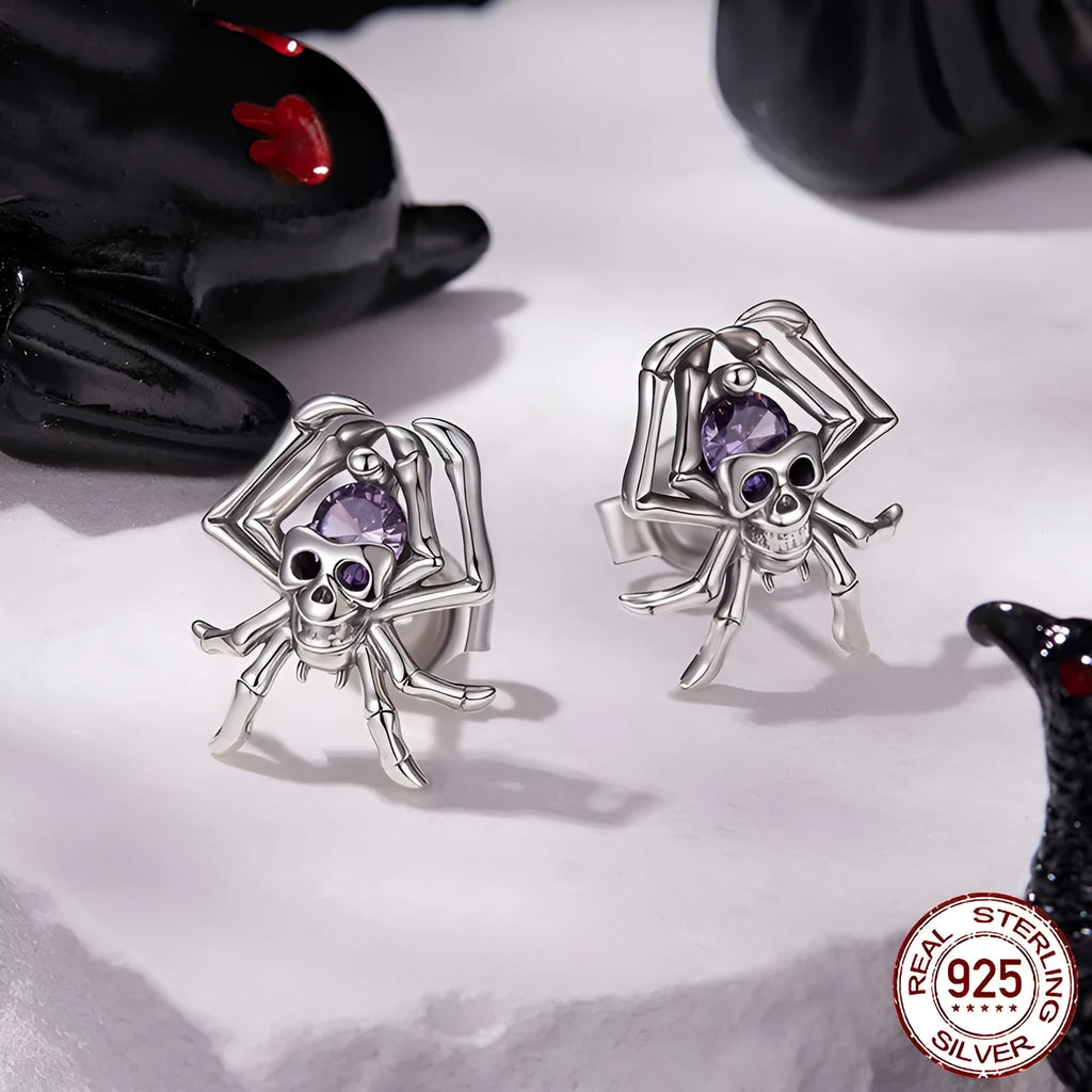 Halloween skull spider stud earrings in S925 sterling silver with zircon inlay, SCE1964 colour, pair of earrings