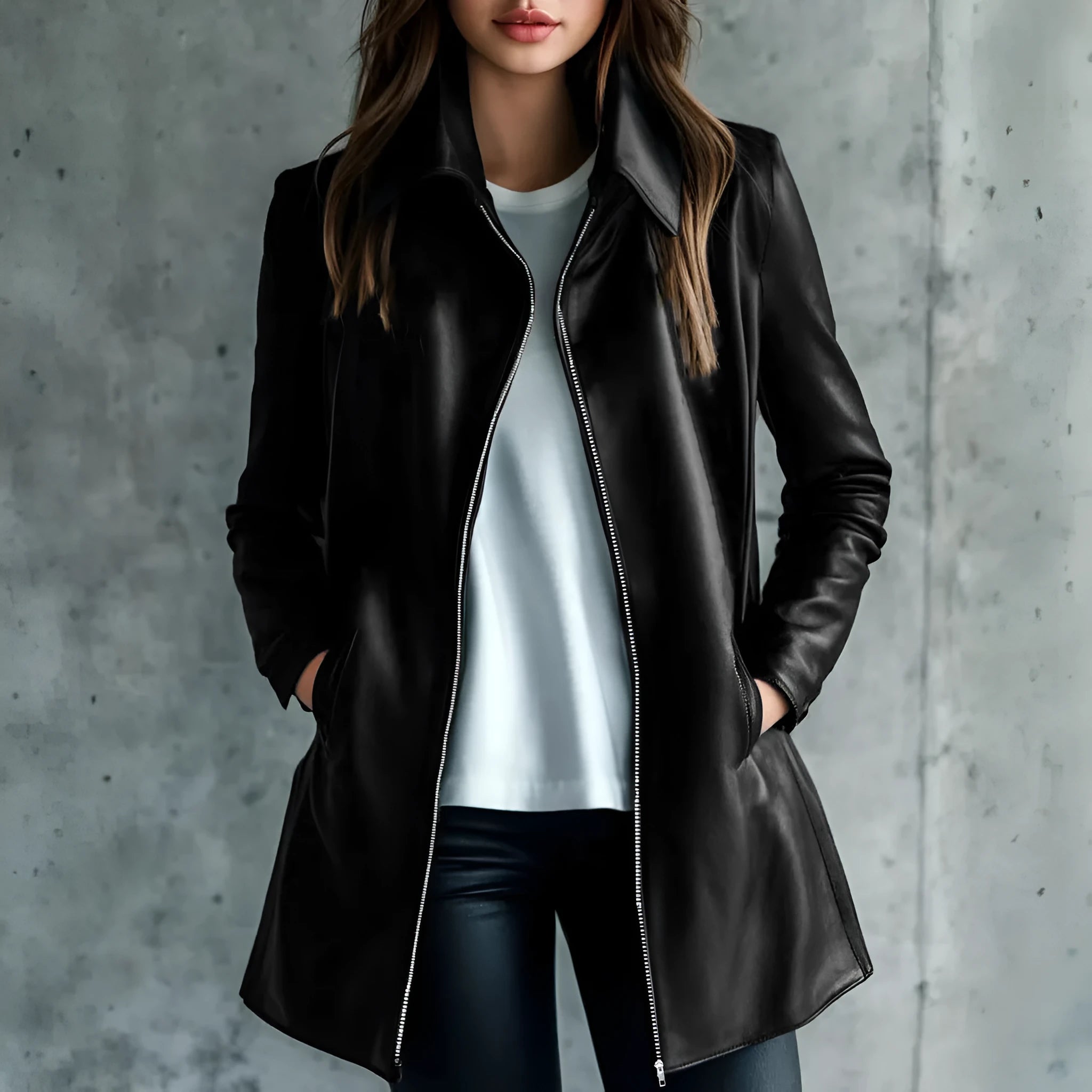 Black mid-length polyester leather jacket for women on a hanger.