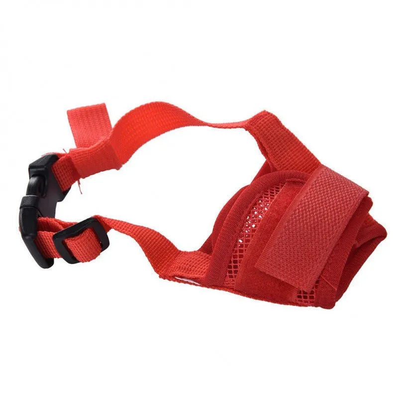 Adjustable plastic dog safety muzzle shown in multiple colours and sizes for biting and barking control.
