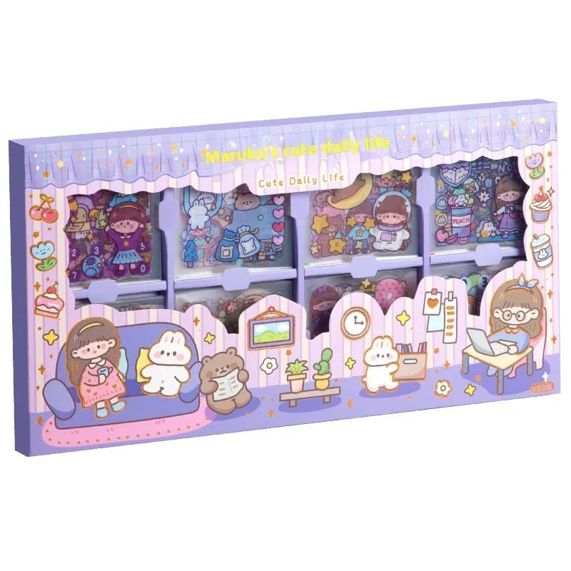 Box of children's decorative stickers with five cute theme designs for notebooks and crafts