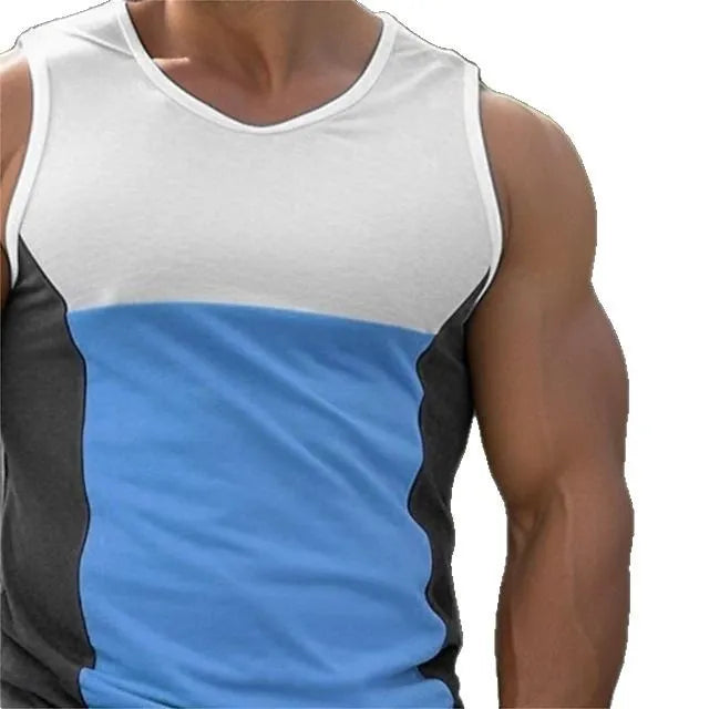 Men's blue cotton blend sports running vest on a hanger