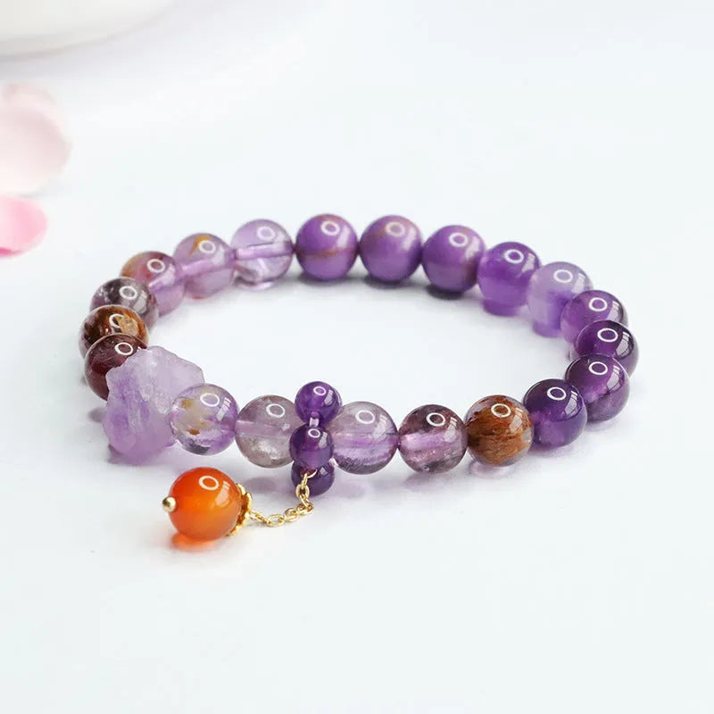 Natural nine purple fire Duobao crystal bracelet with 8mm amethyst beads and red agate stones in Mori style