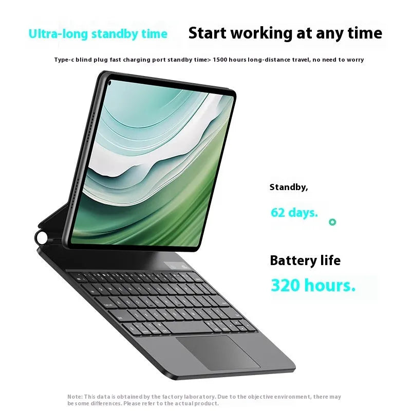 Miaocontrol black magnetic wireless keyboard attached to a Huawei Matepad 11 tablet inside a PU leather protective cover.