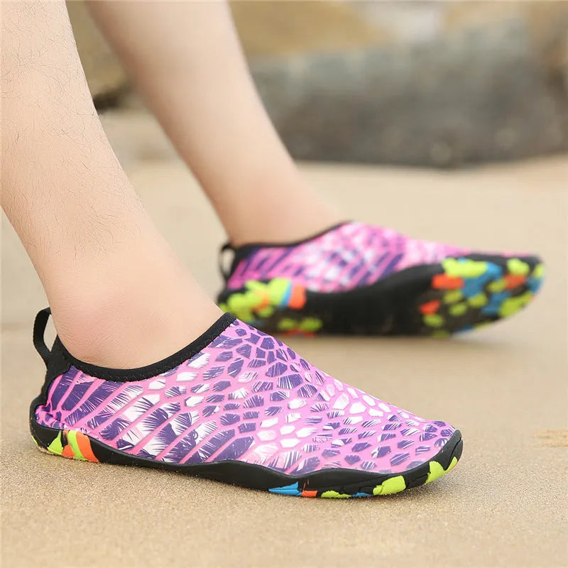 Blue beach wading shoes with Lycra fabric upper and EVA sole for swimming and water activities