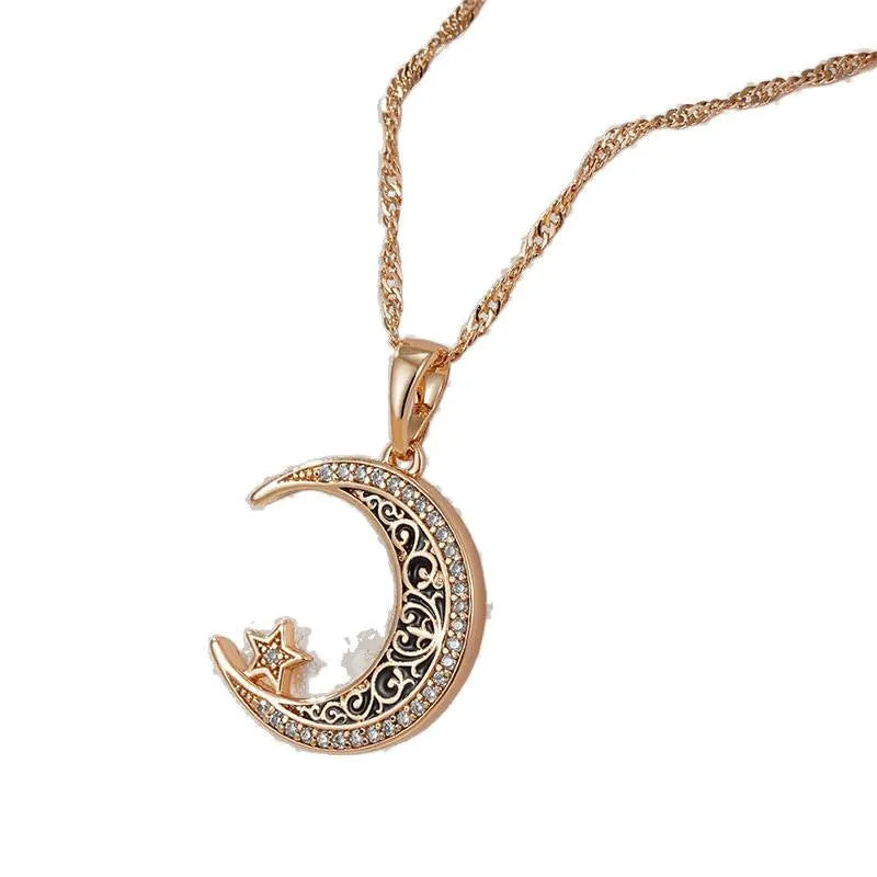 Rose gold star moon necklace with zircon pendant on water wave chain
