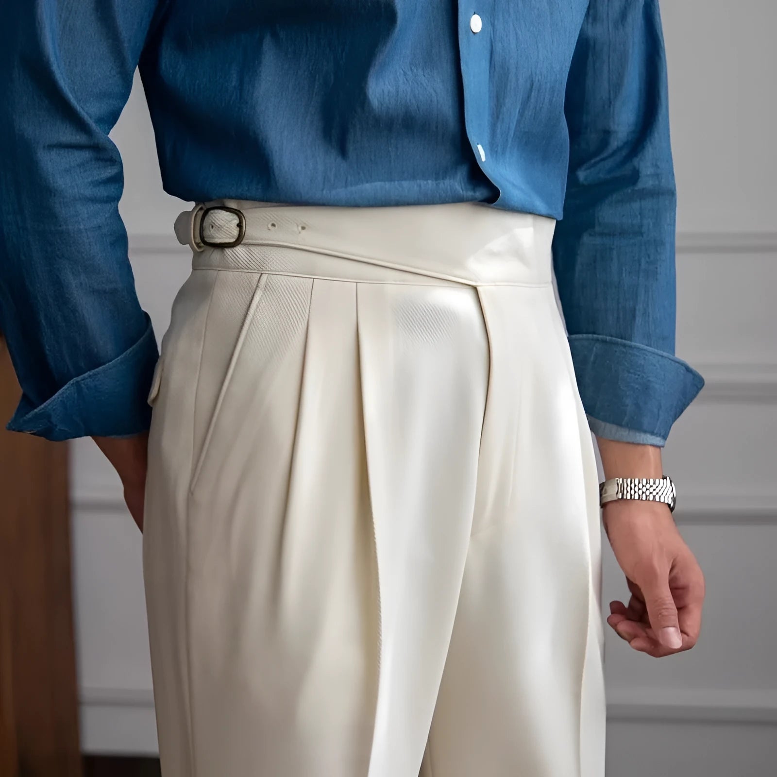 Men's high waist straight-leg casual trousers in black, shown laid flat.