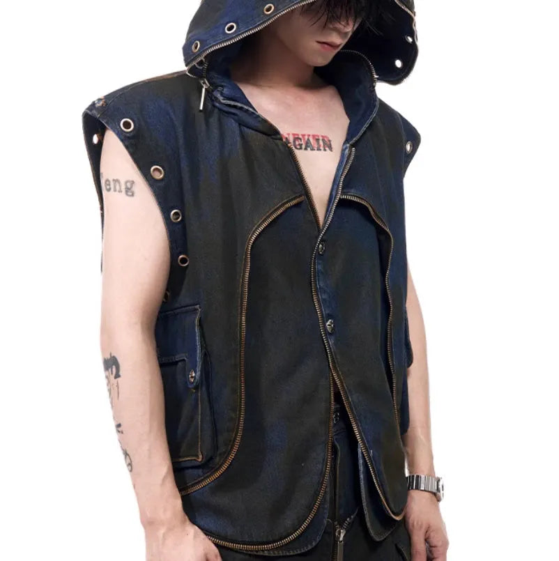 Blue hooded denim style vest coat with matching trousers in Korean fashion set