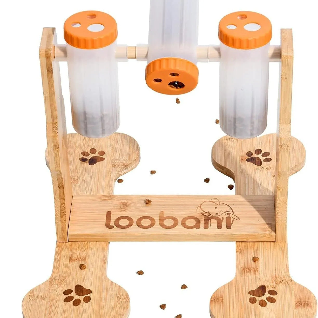 Wooden dog puzzle toy snack dispenser feeder in natural wood colour, showing size and design.