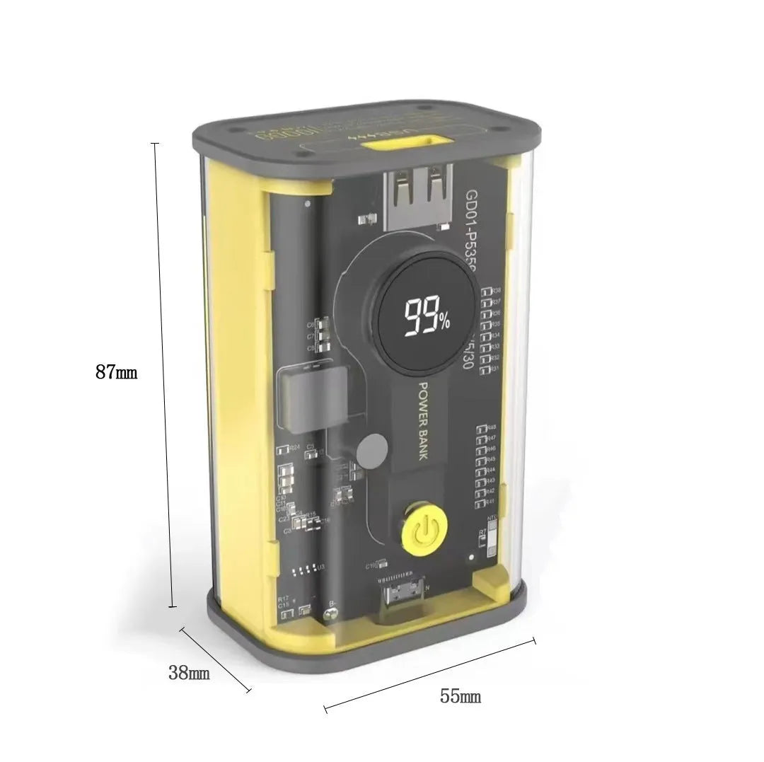 Transparent yellow power bank showing internal aluminium battery case and 18650 lithium ion cells