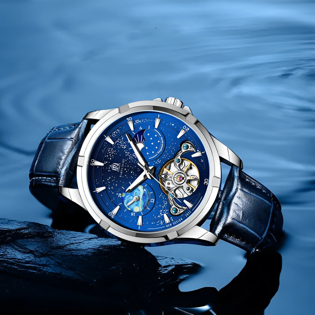 Automatic men's mechanical watch with blue dial, luminous hands and stainless steel case