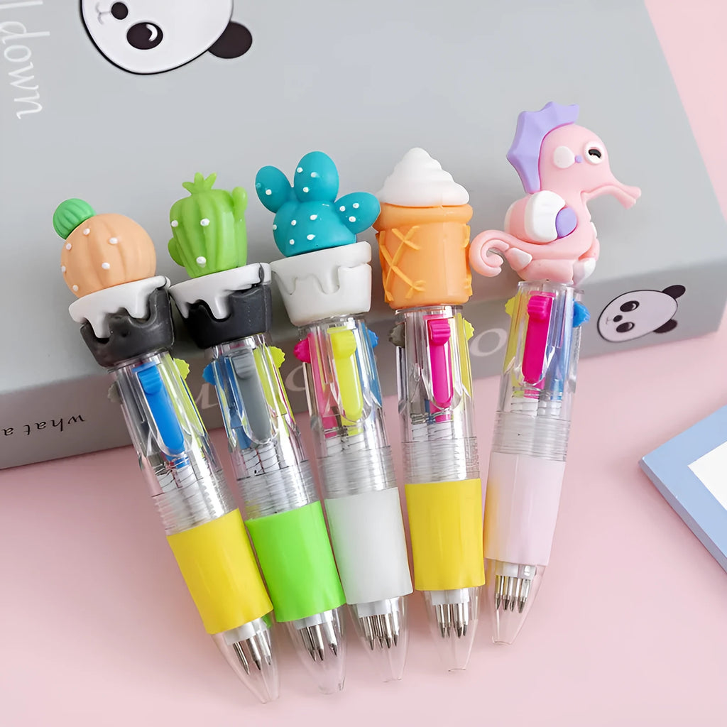Cute cartoon four-colour press ballpoint pen with silicone grip and 0.7mm tip