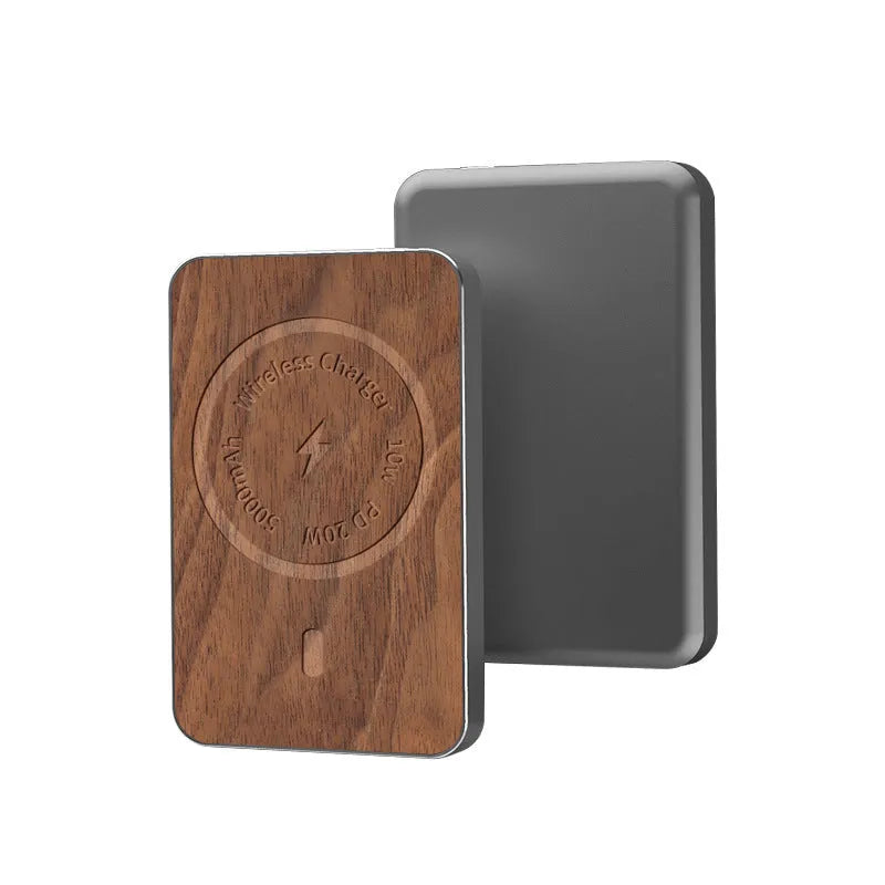 Khaki-coloured magnetic wireless charging bank with USB port and alloy shell
