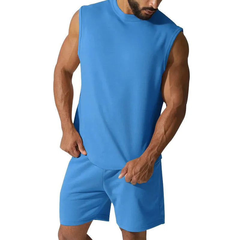 Men's sleeveless sports suit set showing sleeveless top and matching shorts in cotton blend fabric