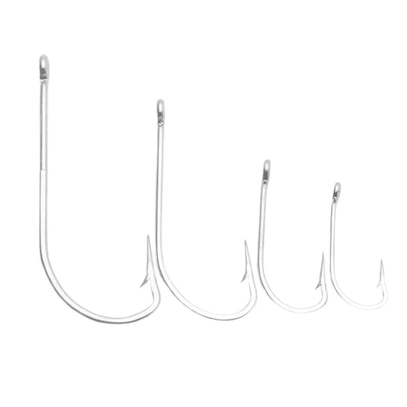 Assortment of stainless steel alloy sea fishing hooks in various styles for catching weever, snakehead, and seahorse.