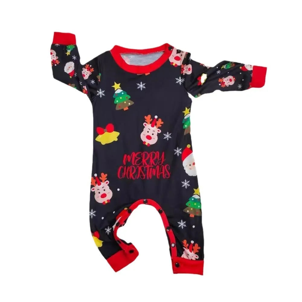 Matching red plaid and cartoon print Christmas pyjamas set for adults, children and a dog on a festive background.