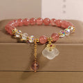 Women's adjustable strawberry quartz and white agate crystal bracelet with auspicious clouds pattern