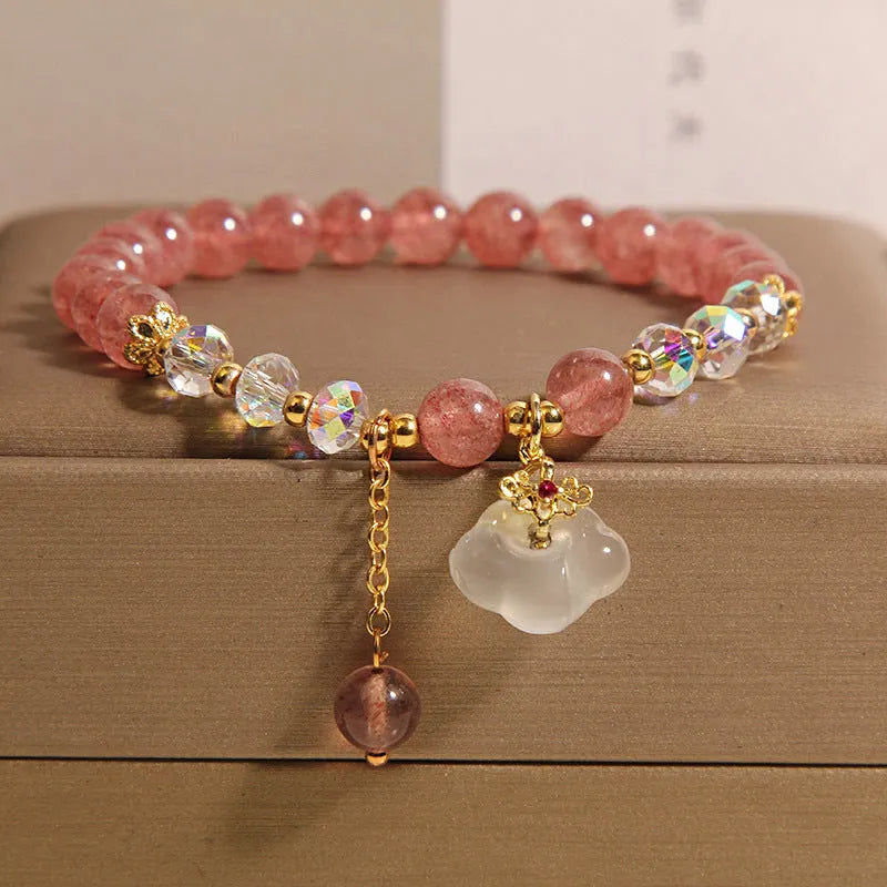 Women's adjustable strawberry quartz and white agate crystal bracelet with auspicious clouds pattern