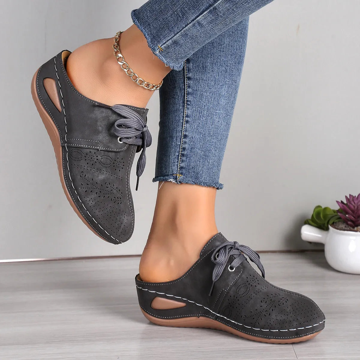 Women's summer lace-up slippers with suede upper and hollow-out wedges design in multiple colour options