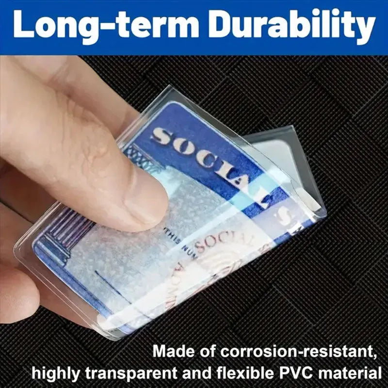 Clear PVC social security card holder with dimensions 9.7 by 5.9 centimetres.