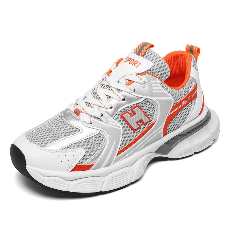 Men's black and white mesh casual running shoes with a round toe and plastic sole.
