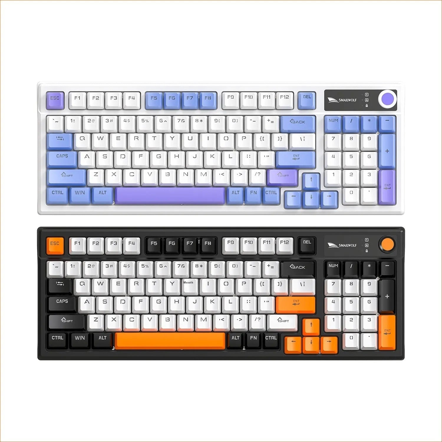 SK15 wired mechanical keyboard with control knob in Sunset Orange colour on a desk.
