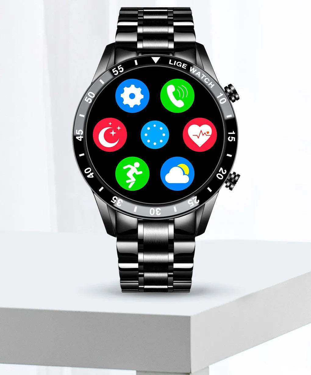 Smart watch with stainless steel wristband and 1.3-inch touch screen display showing step counter interface