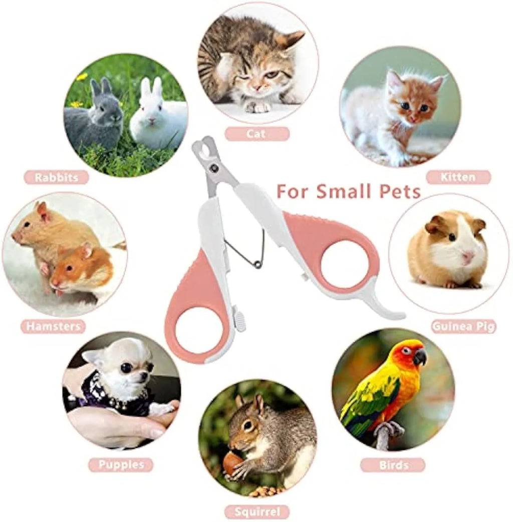 Grey and pink angled cat nail clippers with safety guard for small pets