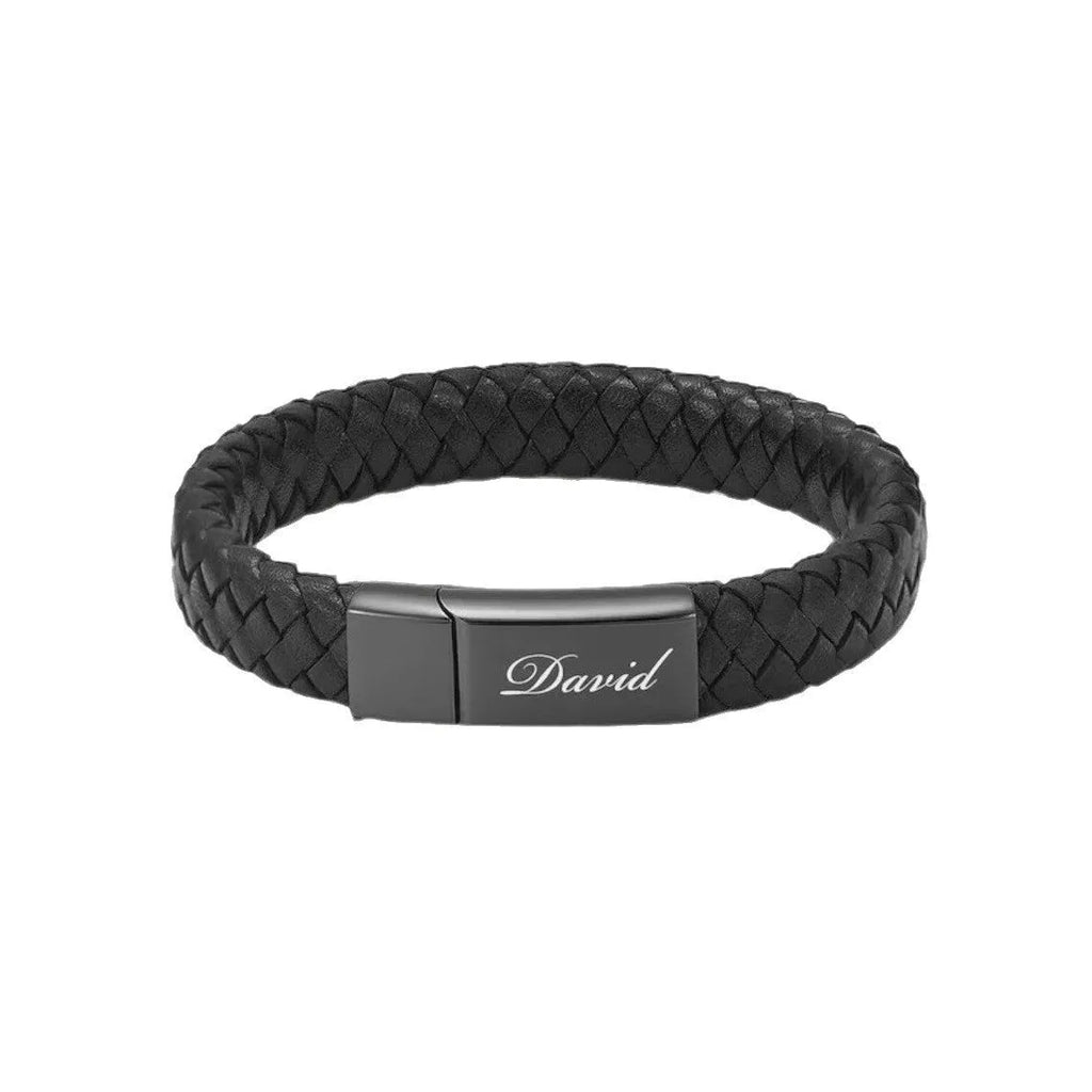 Black leather and stainless steel casket bracelet with English letter personalisation