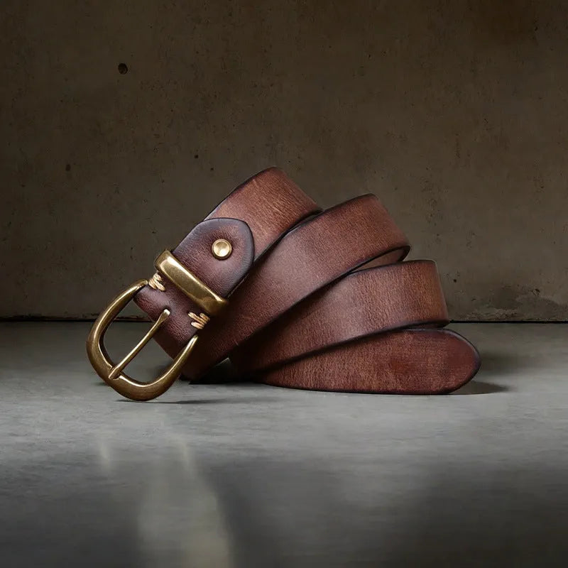 Men's casual leather belt with copper pin buckle in black, brown and khaki colours
