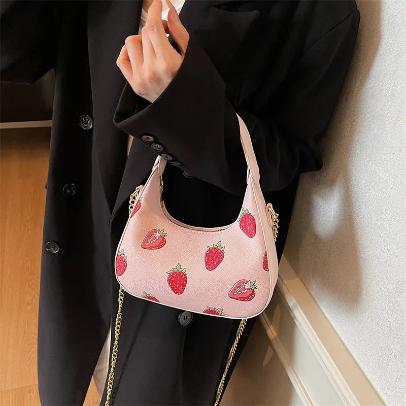 Autumn printed fashion underarm tote bag PU horizontal square with stitching and contrast colour details in black