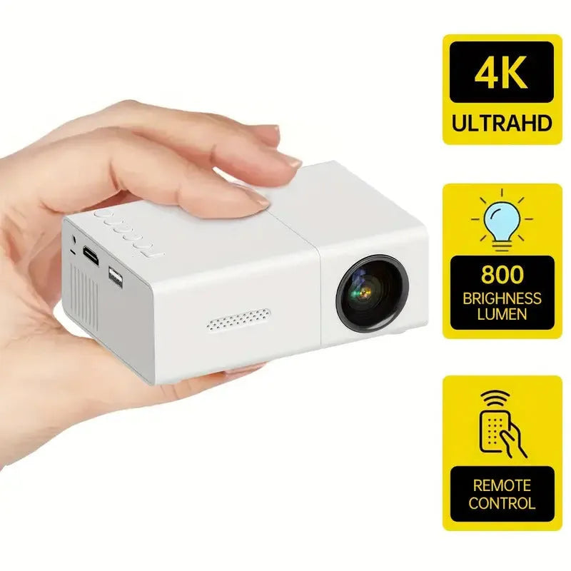 M100 mini LED home projector in black and white showing 100-inch projection with international power cables