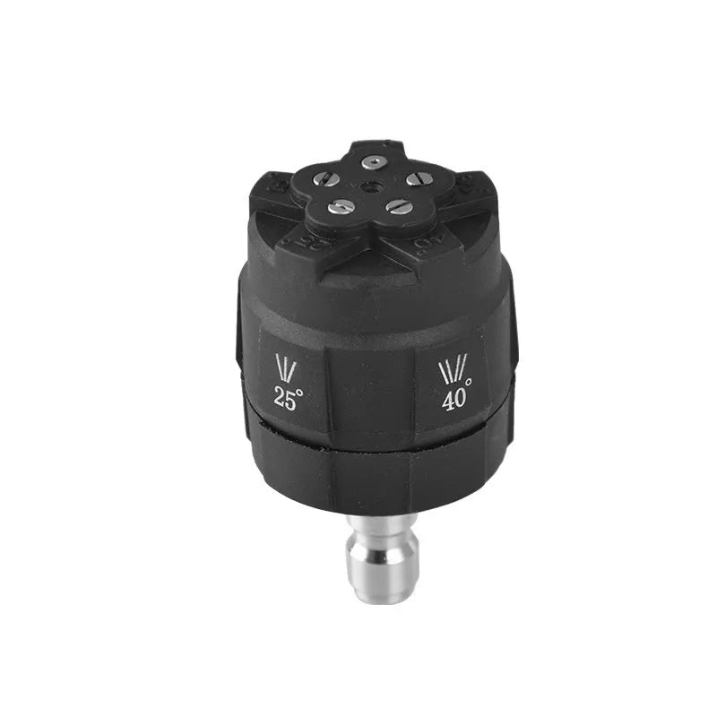 Multi-functional five-pattern spray nozzle for high-pressure water guns made from black ABS plastic.