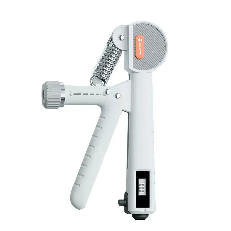 Adjustable hand grip exerciser in ABS plastic shown in various colours including ivory white and dark black.