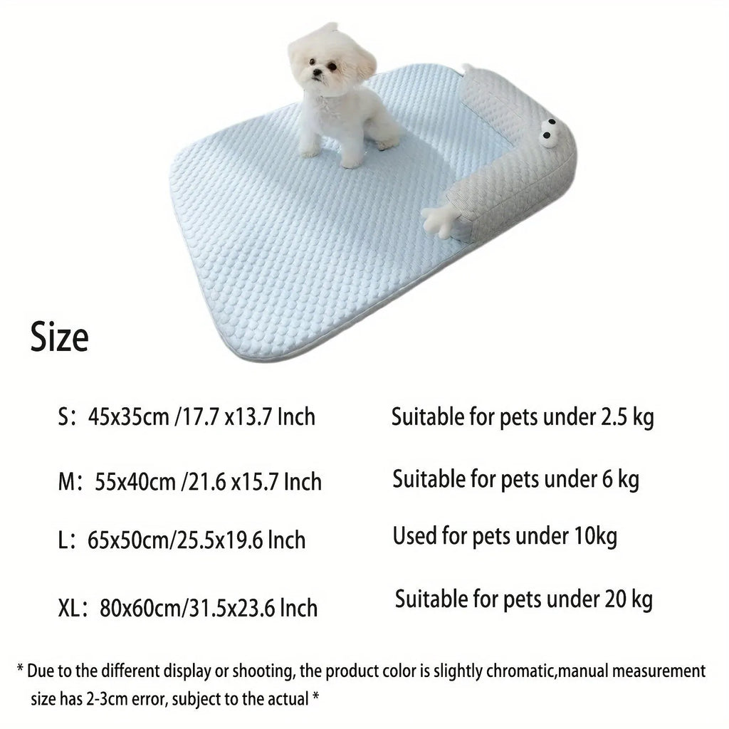 Blue and yellow big-eyed monster design pet bed cushion for dogs and cats on a wooden floor.