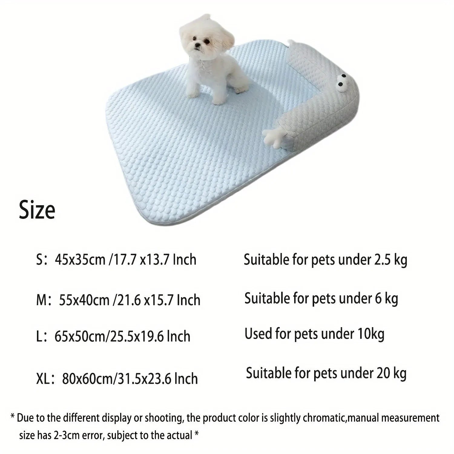Blue and yellow big-eyed monster design pet bed cushion for dogs and cats on a wooden floor.