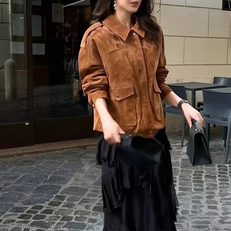Women's brown polyester suede coat with regular sleeves in street chic style showing front view