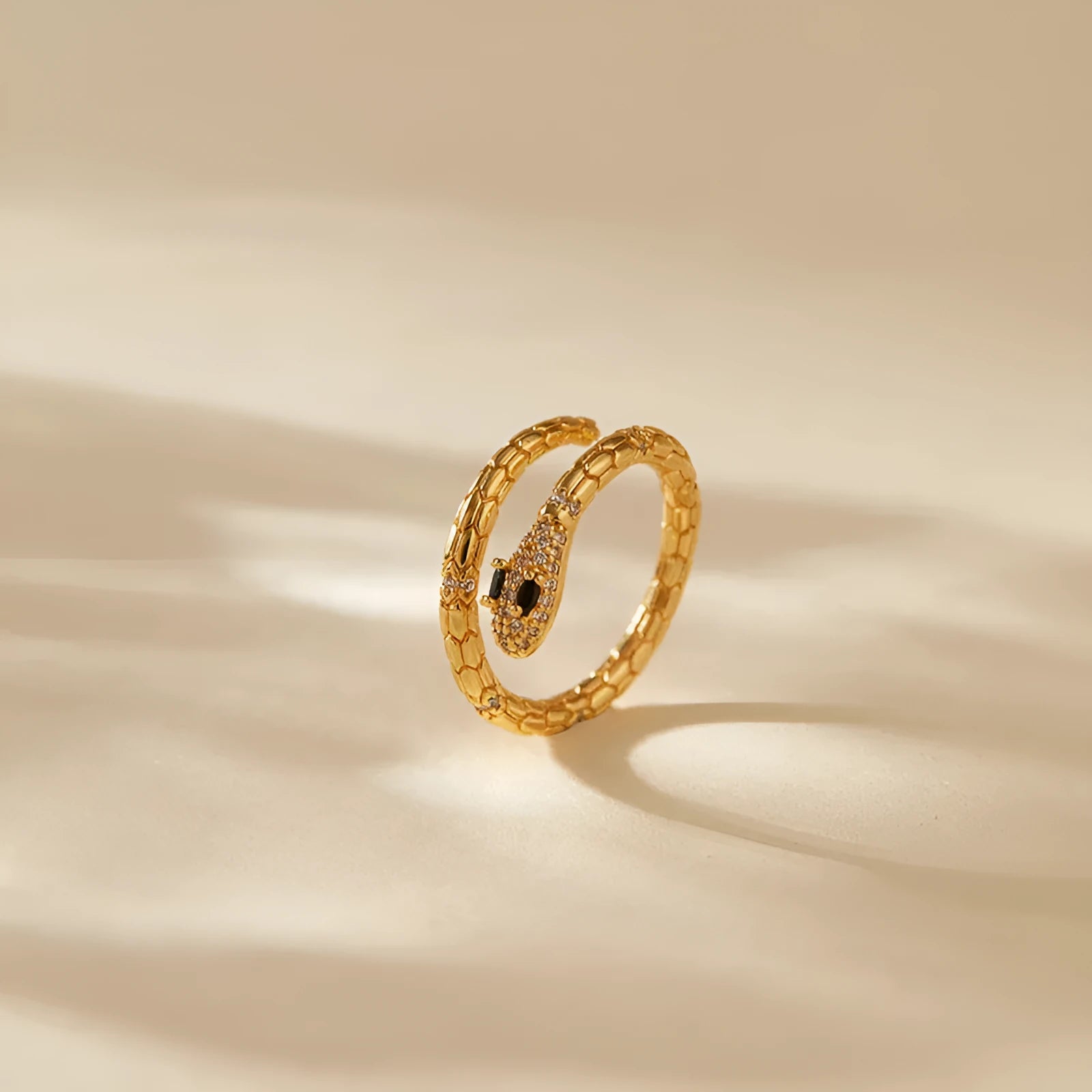 Adjustable copper snake ring with 18K gold colour plating and diamond treatment surface
