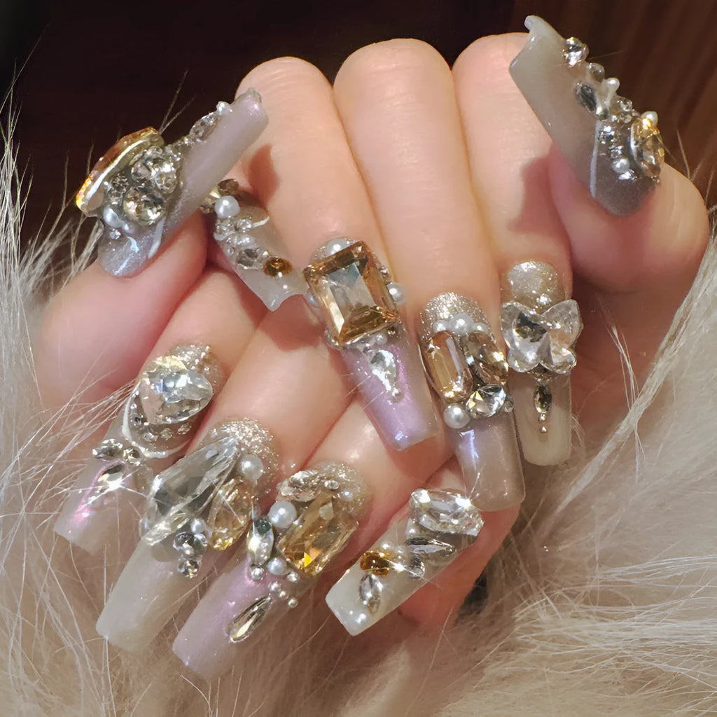 Rhinestone-decorated false nail patches with application kit options on card packaging