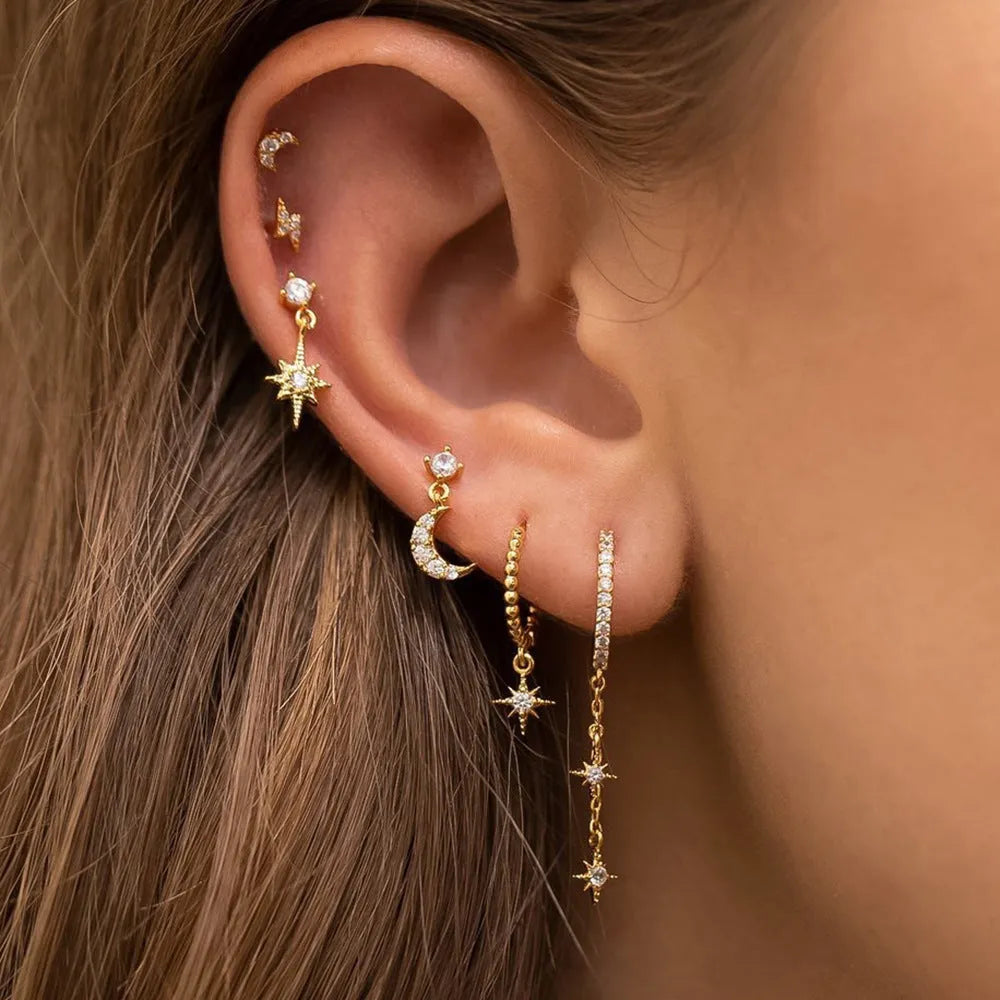 Gold chain tassel earrings set with zircon studs, six pieces electroplated on copper
