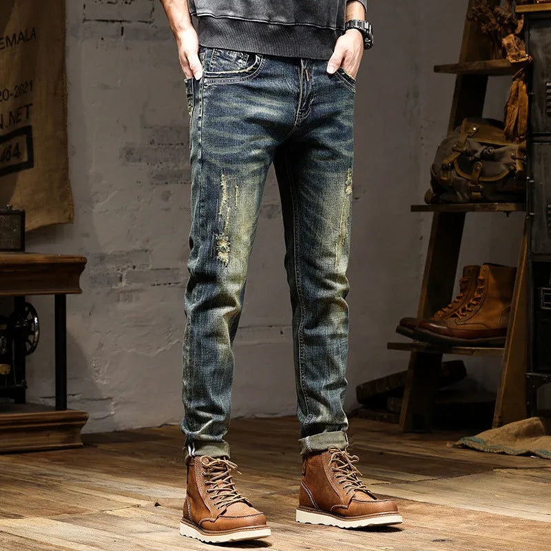 Men's retro colour stretch jeans in skinny fit with zip fly