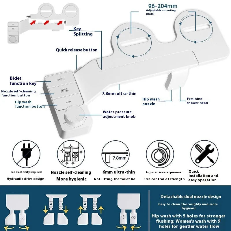 Button wash toilet cleaning system in pure white ABS plastic with water-powered operation and multiple plumbing adaptors