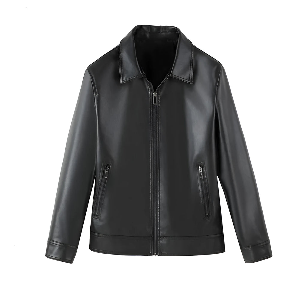 Men's black PU leather casual jacket with zip and patch pockets on a model.