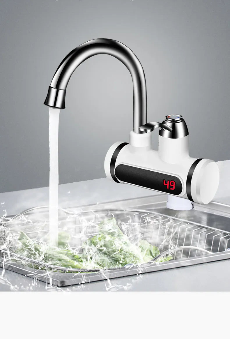 White electric instant water heater tap with digital temperature display for kitchen sink.