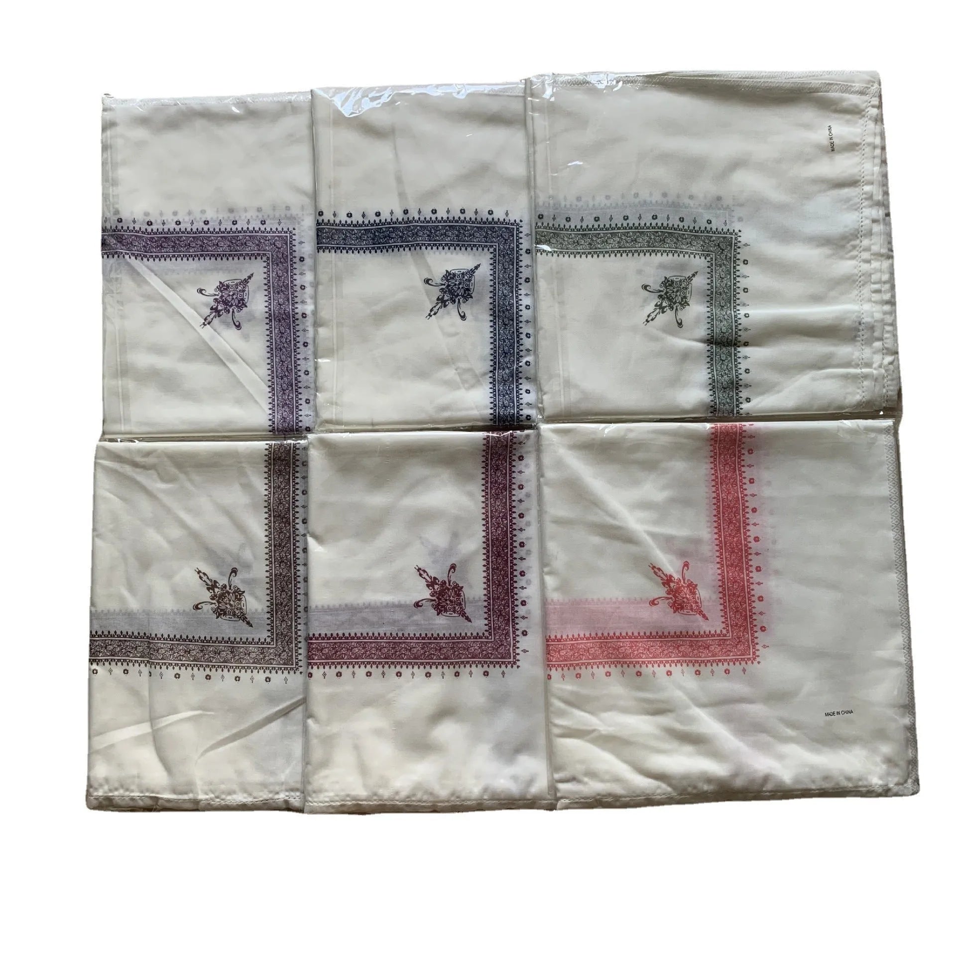 Large square printed polyester scarf in a selection of colours, shown flat to display its 138cm dimensions.